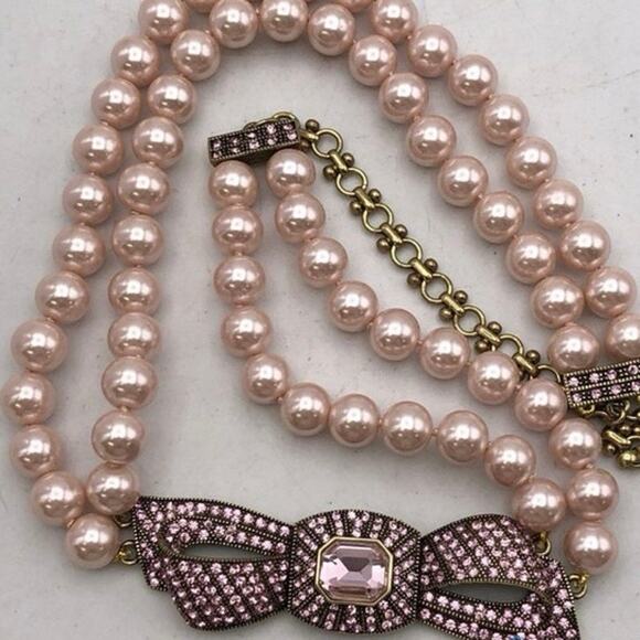 Heidi Daus "Beaux Arts" Pink Pave Crystal Bow Pearl Beaded Two Strand Necklace - Picture 9 of 15